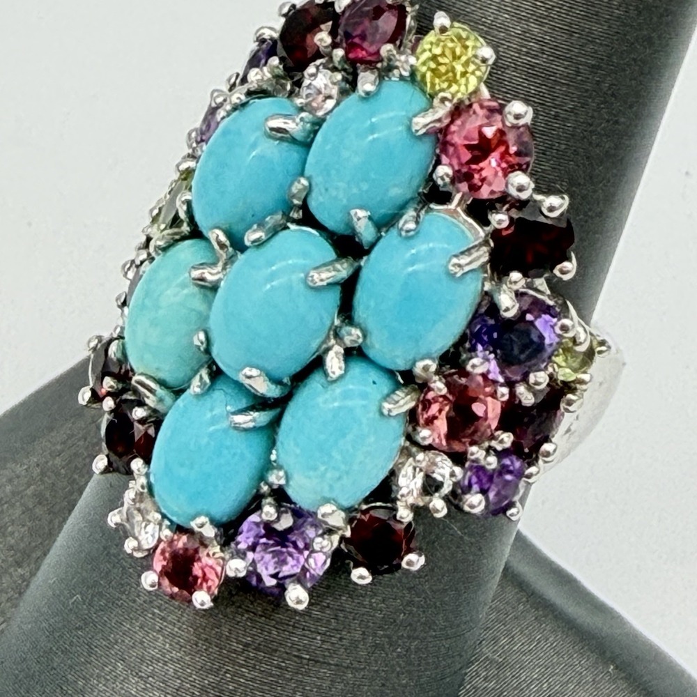 Vtg Lorenzo LJ 925 Ring Sleeping Beauty Turquoise Multi Gemstone Size 7